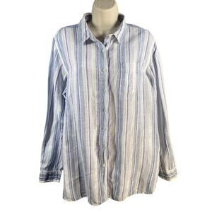 LL Bean Top Large Linen Button Down Long Sleeve Striped Shirt Coastal Relaxed